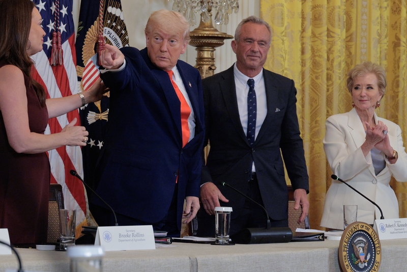 Agriculture Secretary Brooke Rollins, U.S. President Donald Trump, Health and Human Services Secretary Robert F. Kennedy Jr. and Education Secretary Linda McMahon attend and release event for a new Make America Healthy Again Commission report in the East Room of the White House on May 22, 2025 in Washington, DC. The commission, which is tasked with studying the potential causes for the "childhood chronic disease crisis," recommends reassessing the nation’s childhood vaccine schedule, scrutinizing ultra-proc