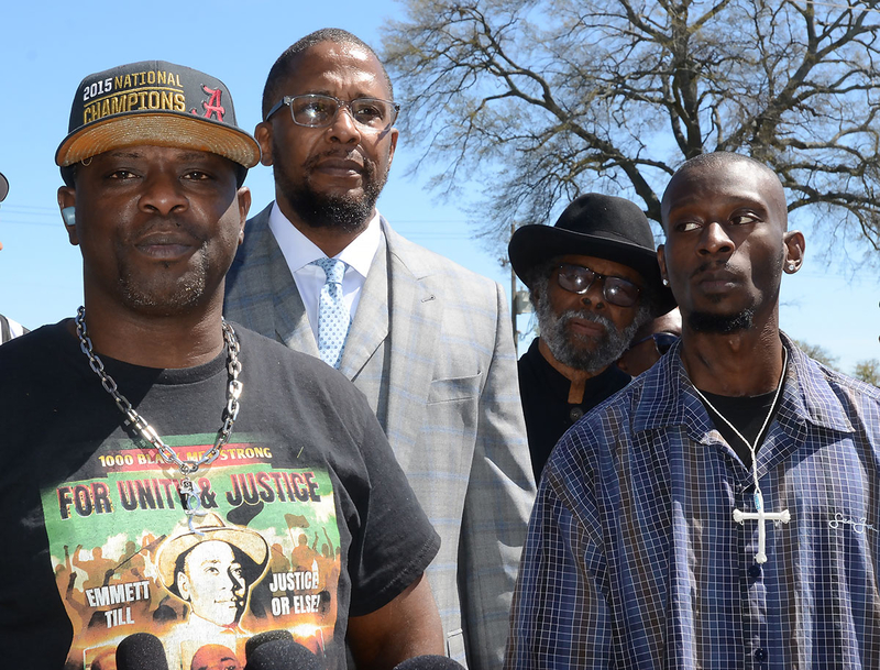 Eddie Parker (left) with attorney Malik Shabazz (center) and Michael Jenkins (right), during a press conference held at the law offices of attorney Trent Walker to address the upcoming sentencing of the "Goon Squad," Monday, March 18, 2024 in Jackson. Credit: Vickie D. King/Mississippi Today