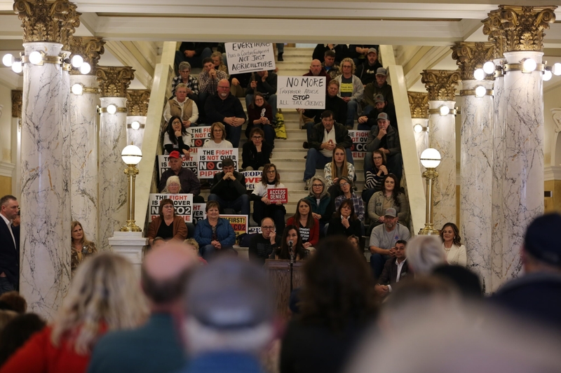 South Dakota state Rep. Karla Lems, R-Canton, speaks to hundreds of rally attendees at the South Dakota Capitol in Pierre on Jan. 13, 2025, during an event highlighting opposition to a carbon dioxide pipeline. (Photo by Joshua Haiar/South Dakota Searchlight)
