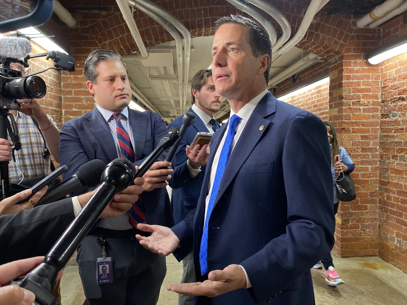Ohio Republican Sen. Bernie Moreno speaks with reporters inside the U.S. Capitol complex in Washington, D.C., on Tuesday, June 3, 2025. (Photo by Jennifer Shutt/States Newsroom)