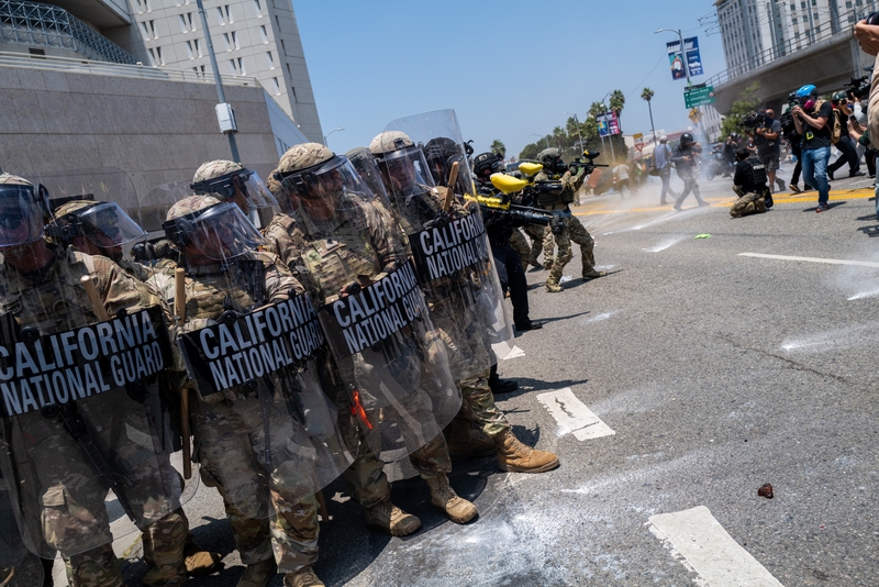 Demonstrators protest outside a downtown jail in Los Angeles following two days of clashes with police during a series of immigration raids on June 8, 2025 in Los Angeles, California. (Photo by Spencer Platt/Getty Images)