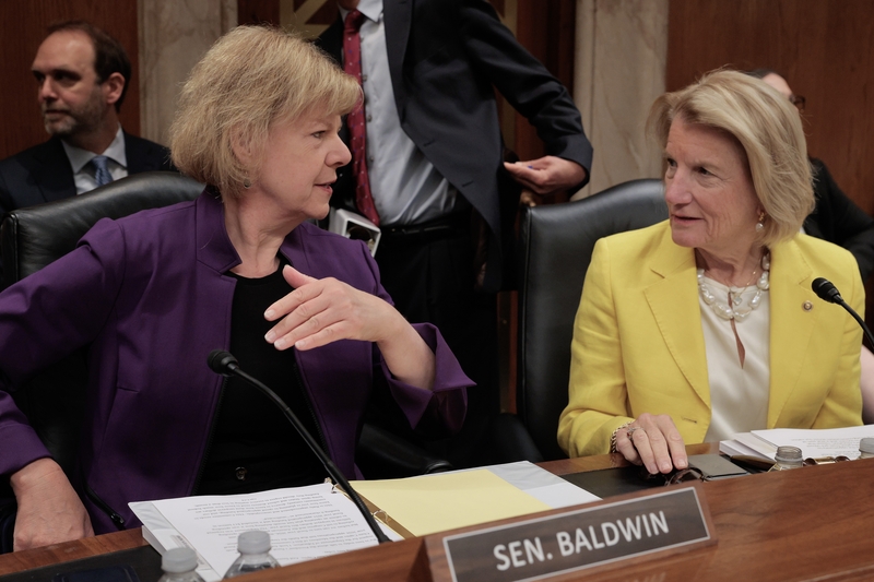 The Senate Appropriations Committee's Labor, Health and Human Services, and Education Subcommittee Chair Shelley Moore Capito (R-WV) (R) talks with ranking member Sen. Tammy Baldwin (R-WI) before for a hearing about the proposed 15-percent cut to the Education Department's budget in the Dirksen Senate Office Building on Capitol Hill on June 03, 2025 in Washington, DC. President Donald Trump tasked Education Secretary Linda McMahon with shutting down the Education Department, however the its FY2026 budget ma