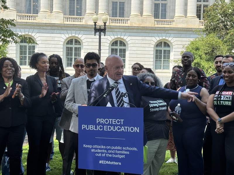 U.S. Sen. Mark Kelly, an Arizona Democrat, speaks at a rally June 12, 2025, on Capitol Hill in Washington, D.C. (Photo by Shauneen Miranda/States Newsroom)