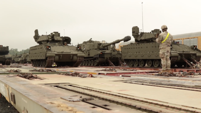 U.S. Army vehicles are offloaded from rail cars at the CSX rail yard in Jessup, Maryland, June 9, 2025. The equipment traveled just under 2,000 miles from Fort Cavazos, Texas, as part of the Army 250th birthday parade later this week. (U.S. Army video by Sgt. Anthony Herrera)