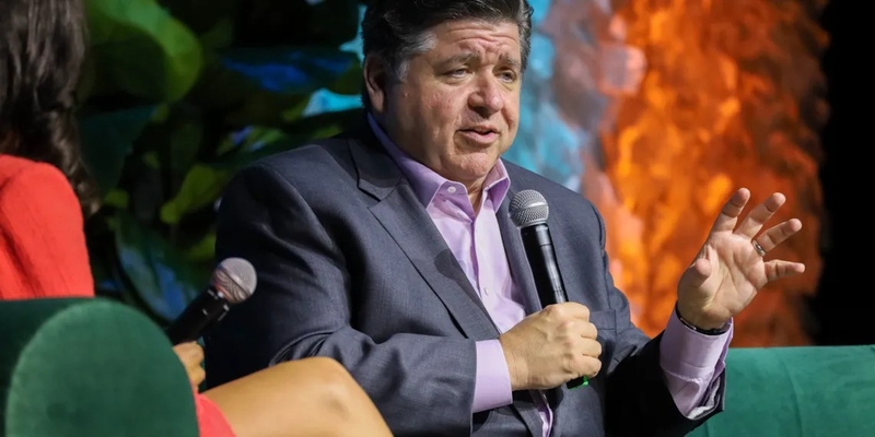 Gov. JB Pritzker speaks during a forum on climate change at the Aspen Ideas conference in Chicago on Monday, July 21, 2025. (Capitol News Illinois photo by Andrew Adams)