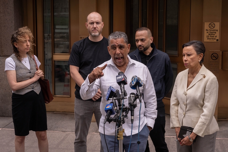 U.S. Reps. Adriano Espaillat and Nydia Velazquez, both New York Democrats, speak to the media opposite the Jacob K. Javitz Federal Building, where they unsuccessfully attempted to gain access to Immigration and Customs Enforcement holding facilities to observe on June 8, 2025 in New York City. (Photo by Adam Gray/Getty Images)
