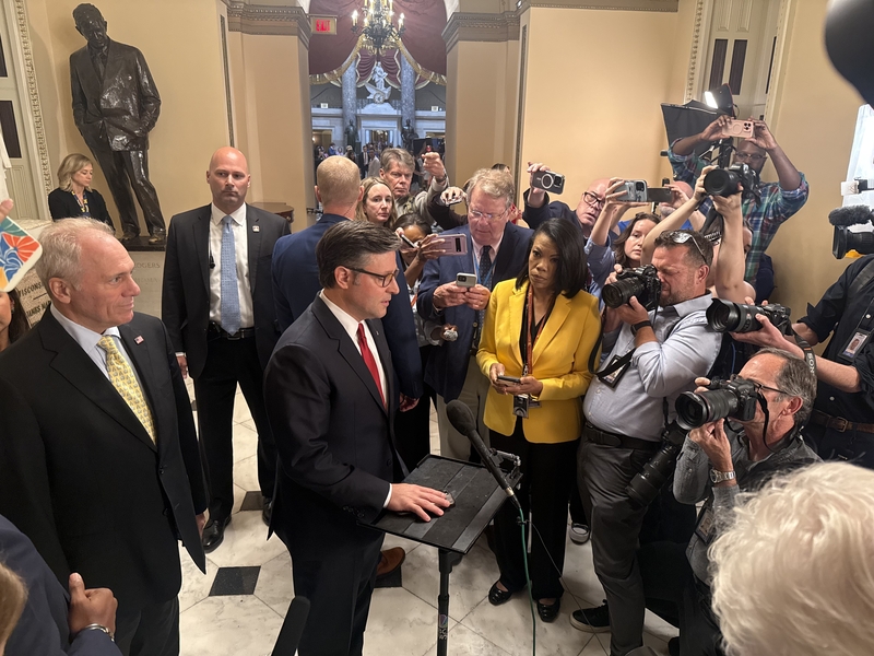 House Speaker Mike Johnson, R-La., speaks to reporters inside the Capitol building in Washington., D.C., on Wednesday, July 2, 2025. (Photo by Jennifer Shutt/States Newsroom)