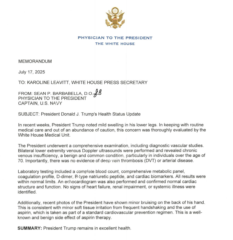 The White House Office of Communications released a letter from President Donald Trump's physician on July 17, 2025.