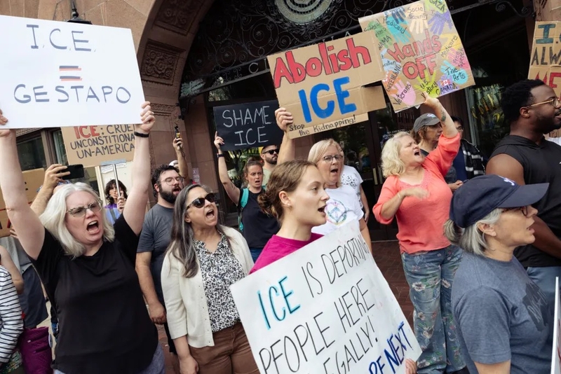 People gathered in front of New Britain City Hall on August 5, 2025 to protest ICE's presence in New Britain. Credit: Shahrzad Rasekh / CT Mirror
