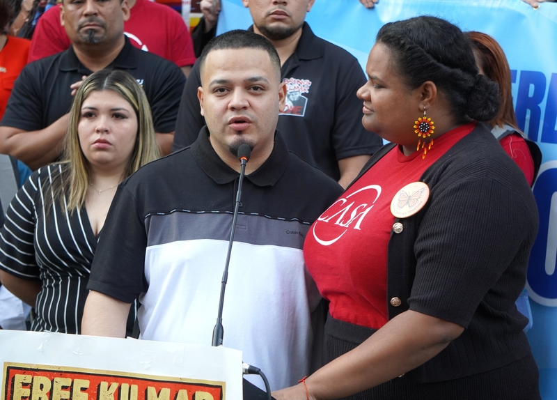 Kilmar Abrego Garcia speaks to protesters who held a prayer vigil and rally on his behalf outside of the ICE office in Baltimore, Maryland, on Monday,  Aug. 25, 2025. Lydia Walther Rodriguez with CASA interprets for him. (Photo by William J. Ford/Maryland Matters)