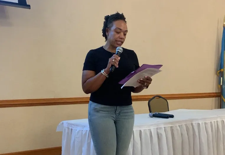 Delaware House of Representatives Speaker Melissa Minor-Brown speaks at a town hall about a proposed data center development in Delaware City. | PHOTO BY OLIVIA MARBLE, SPOTLIGHT DELAWARE
