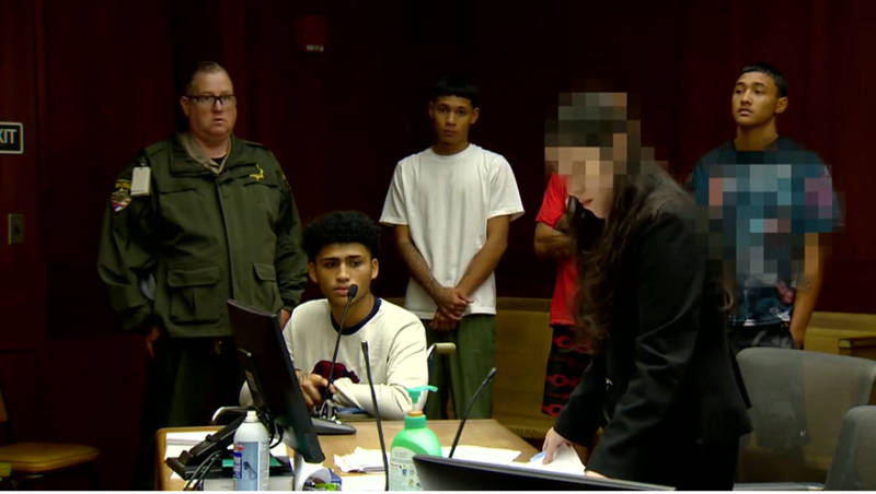 Alleged members of the Shark Boys appeared in court in June. From left: Styren Stevens, seated; Matthew Moon, Olsen Burrows-Fonoimoana. (Hawaii News Now)