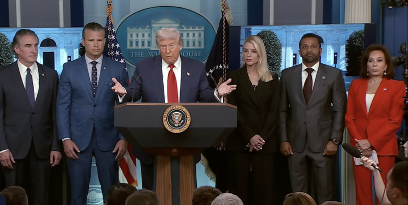 President Donald Trump announces a "crime emergency" in Washington, D.C., during a White House press conference on Aug. 11, 2025. Standing behind Trump are, from left to right, Interior Secretary Doug Burgum, Defense Secretary Pete Hegseth, Attorney General Pam Bondi, FBI Director Kash Patel and U.S. Attorney for the District of Columbia Jeanine Pirro. (Image via White House livestream)