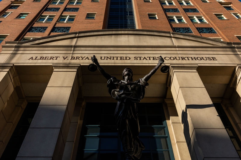 The sun illuminates the Albert V. Bryan United States Courthouse in Alexandria, Virginia, on Sept. 26, 2025, the morning following indictment charges filed against former FBI Director James Comey. His initial court date is scheduled there Oct. 9. (Photo by Alex Kent/Getty Images)