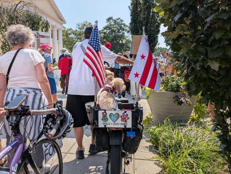 A protester pushes a bike carrying two dogs and bearing an American flag and District of Columbia flag at the "We Are All DC" march on Saturday, Sept. 6, 2025. (Photo by Ashley Murray/States Newsroom)