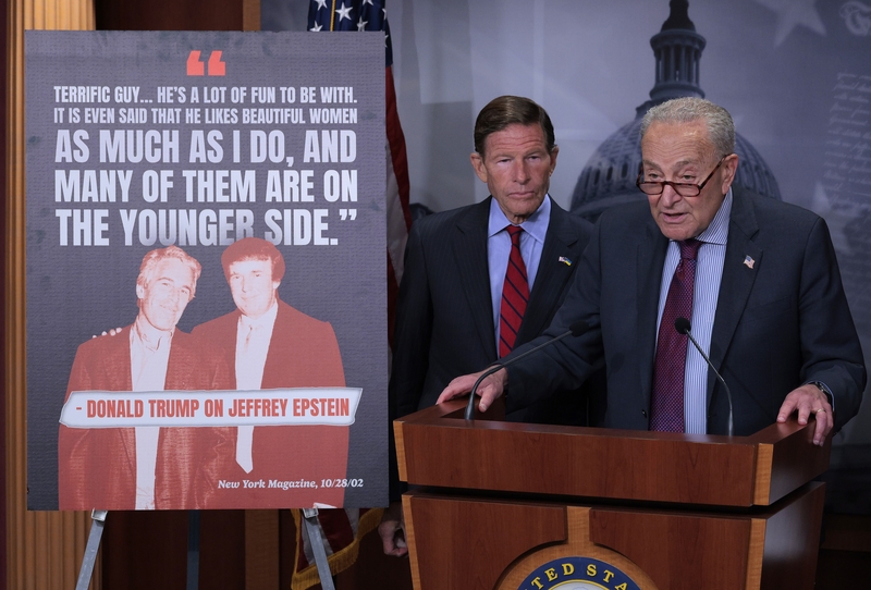Senate Minority Leader Charles Schumer (D-NY) speaks during a news conference with Senate Homeland Security and Governmental Affairs Committee member Sen. Richard Blumenthal (D-CT) demanding the release of the Epstein files at the U.S. Capitol on July 30, 2025 in Washington, DC. Democrats sent a “Five Member” letter to the Department Of Justice requesting the release of full and un-redacted files related to financier and child sex offender Jeffrey Epstein. (Photo by Chip Somodevilla/Getty Images)