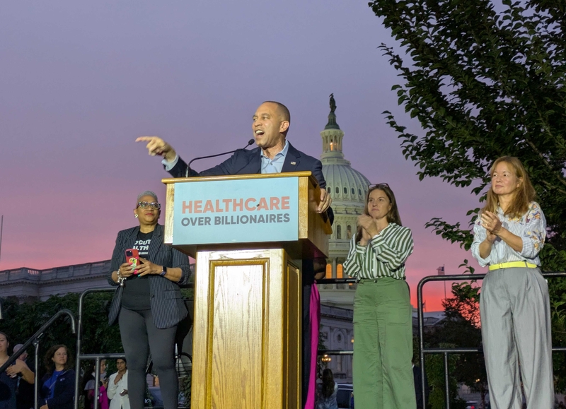 U.S. House Minority Leader Hakeem Jeffries of New York speaks during a rally outside the U.S. Capitol just hours before a federal government shutdown on Tuesday, Sept. 30, 2025. (Photo by Ashley Murray/States Newsroom)
