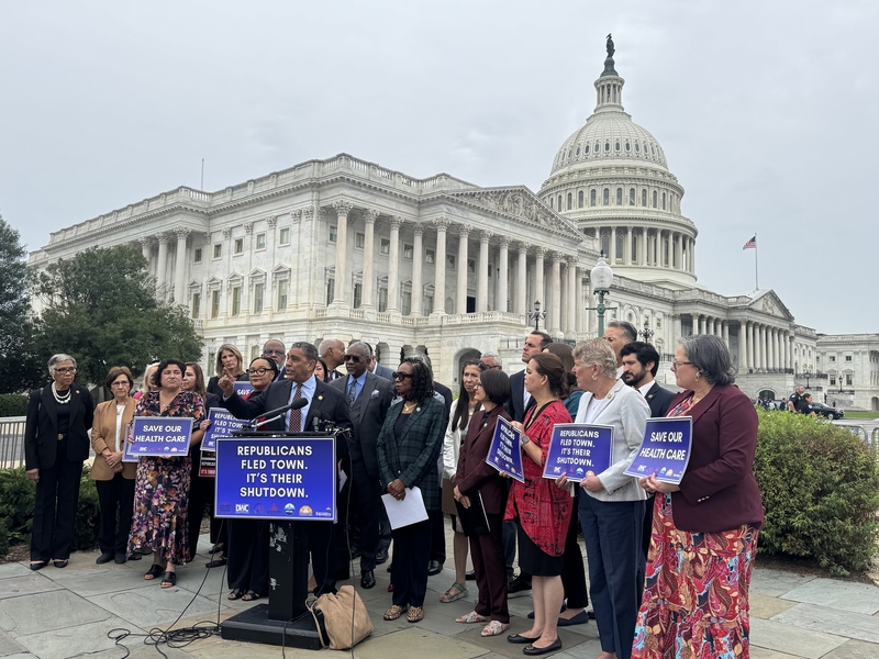 Congressional Hispanic Caucus Chair Adriano Espaillat, a New York Democrat, speaks at press conference outside the U.S. Capitol in Washington, D.C., on Sept. 30, 2025. (Photo by Shauneen Miranda/States Newsroom)