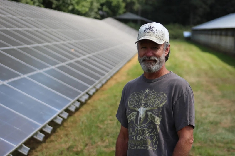 New Castle County poultry farmer Greg Ains installed solar panels on his property using federal and state grant funding to help power his farming operation. Federal funding cuts could make solar projects on farmland more difficult to achieve. | SPOTLIGHT DELAWARE PHOTO BY OLIVIA MARBLE