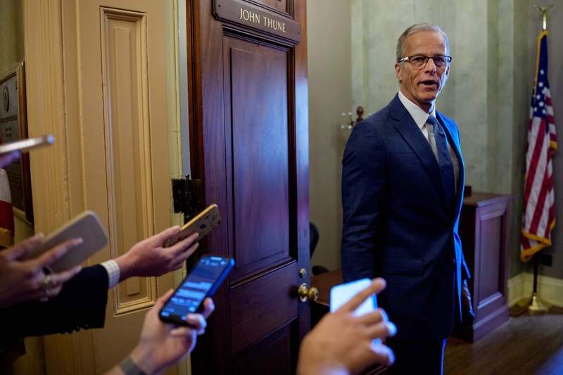Senate Majority Leader John Thune, R-S.D., speaks to reporters as returns to his office from the Senate Chamber at the U.S. Capitol Building on June 30, 2025 in Washington, D.C.  (Photo by Andrew Harnik/Getty Images)