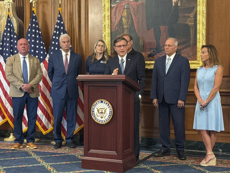 U.S. House Speaker Mike Johnson, R-La., takes questions from reporters during a press conference in the Rayburn Room of the Capitol building in Washington, D.C., on Wednesday, Sept. 3, 2025. Also pictured, from left to right, are Ohio Republican Rep. Dave Taylor; Majority Whip Tom Emmer R-Minn.; co-founders of Patriot Industries Sarah and Tom Click; Majority Leader Steve Scalise, R-La.; and Republican Conference Chairwoman Lisa McClain, R-Mich. (Photo by Jennifer Shutt/States Newsroom)