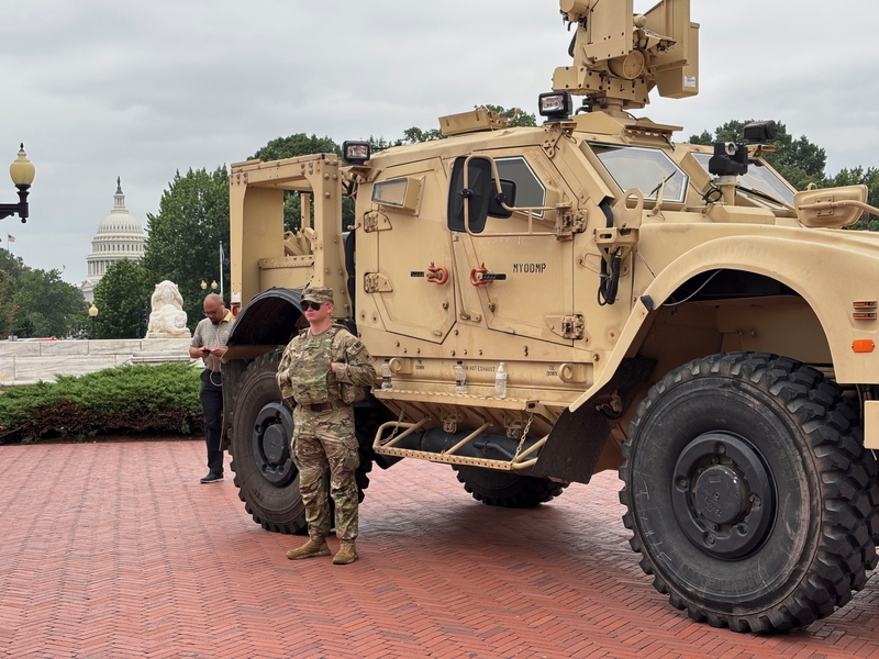 Members of the National Guard stationed outside Union Station in Washington, D.C., on Aug. 18, 2025. (Photo by Jane Norman/States Newsroom)