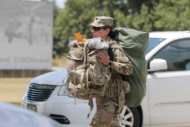A member of the National Guard arrives at the Guard’s headquarters at the D.C. Armory on Aug. 12, 2025 in Washington, D.C. (Photo by Anna Moneymaker/Getty Images)