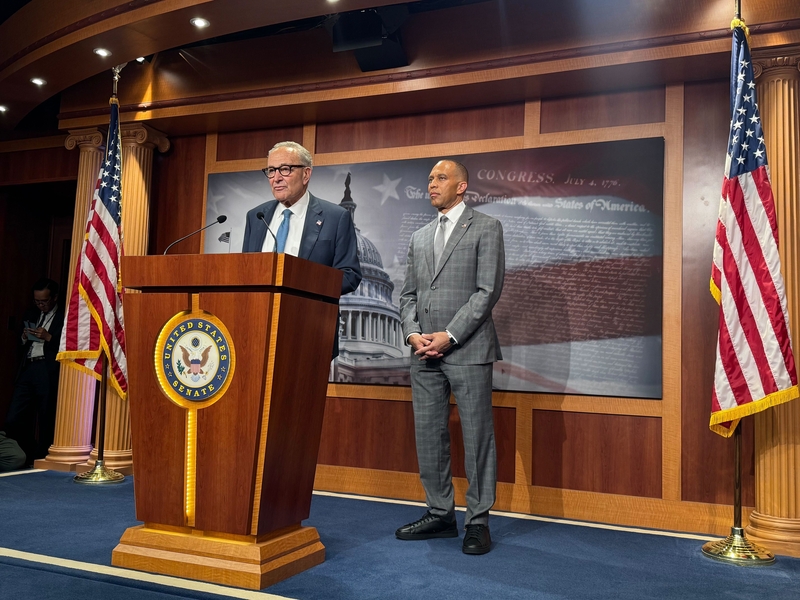 Senate Minority Leader Chuck Schumer, left, and House Minority Leader Hakeem Jeffries, both New York Democrats, speak to reporters Sept. 29, 2025, at the U.S. Capitol in Washington, D.C. (Photo by Shauneen Miranda/States Newsroom)