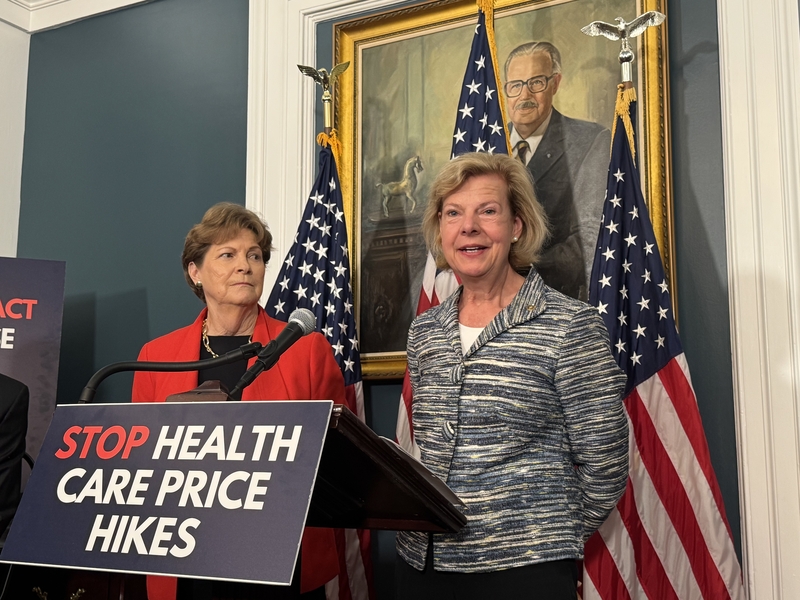 U.S. Democratic Sens. Jeanne Shaheen of New Hampshire, left, and Tammy Baldwin of Wisconsin speak at a press conference on Sept. 16, 2025, at the U.S. Capitol in Washington, D.C. (Photo by Shauneen Miranda/States Newsroom)