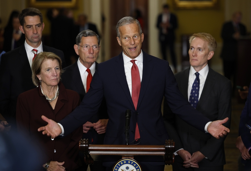 U.S. Senate Majority Leader John Thune, R-S.D., speaks to the media at the U.S. Capitol on Sept. 30, 2025 in Washington, D.C. Thune was joined by Sen. Tom Cotton, R-Ark., Sen. Shelley Moore Capito, R-W.Va., Sen. John Barrasso, R-Wyo., and Sen. James Lankford, R-Okla. (Photo by Kevin Dietsch/Getty Images)