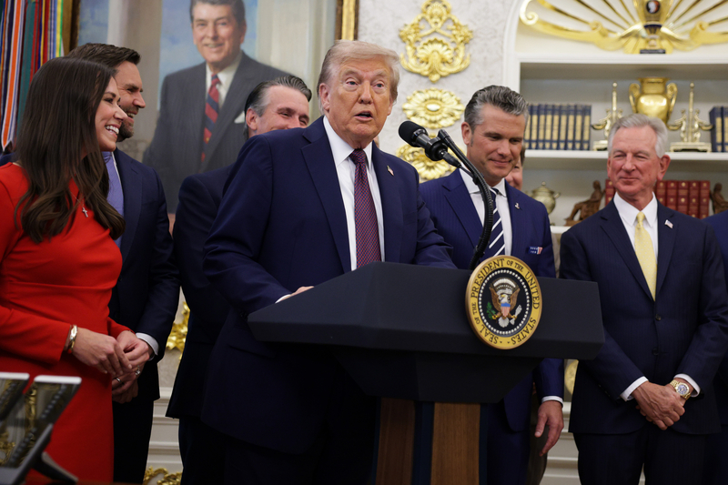 U.S. President Donald Trump speaks in the Oval Office at the White House on September 2, 2025 in Washington, DC. At left is U.S. Sen. Katie Britt, R-Ala. At left are Defense Secretary Pete Hegseth and U.S. Sen. Tommy Tuberville, R-Ala. (Photo by Alex Wong/Getty Images)