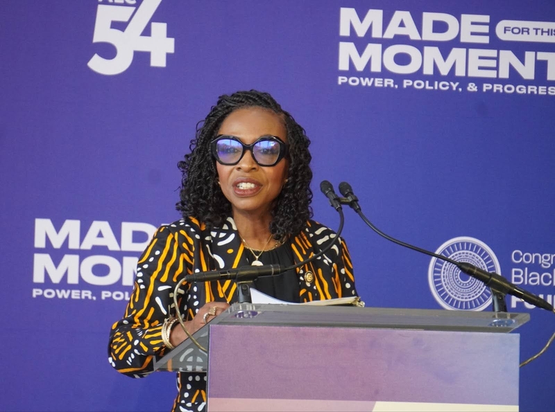 Rep. Yvette Clark (D-N.Y.), chair of the Congressional Black Caucus, gives opening remarks Wednesday at the Congressional Black Caucus Foundation’s opening press conference at the Sycamore and Oak Cultural Center in Washington, D.C. (Photo by William J. Ford/Maryland Matters)