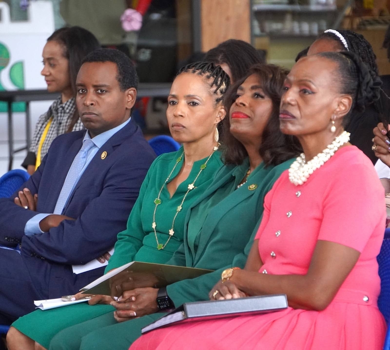 From left to right: Rep. Joe Neguse, Sen. Angela Alsobrooks, Rep. Terri Sewell and Nicole Austin-Hillery, president and CEO of the Congressional Black Caucus Foundation, listen to remarks from speakers Wednesday at foundation’s opening press conference at the Sycamore and Oak Cultural Center in Washington, D.C. (Photo by William J. Ford/Maryland Matters)