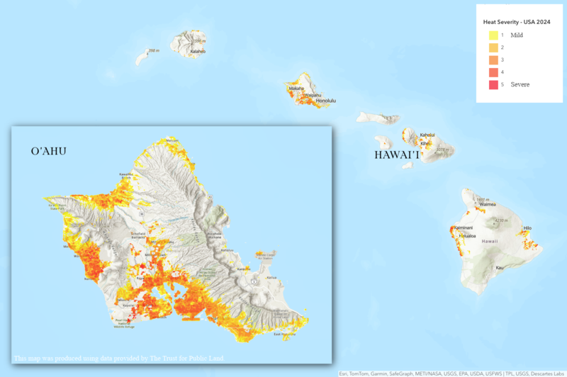 Map of heat severity showing certain areas of cities that are hotter than the average temperature for that same city as a whole on a 1 to 5 scale. This map was produced using data provided by The Trust for Public Land. (Leilani Combs/Civil Beat/2025)