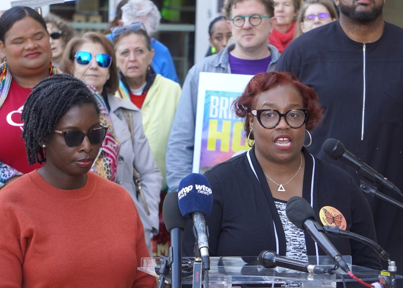 Maryland Del. Nicole Williams, right, speaks in support of the release of Kilmar Abrego Garcia during a rally Friday, Oct. 10, 2025, outside the U.S. District Court in Greenbelt, Maryland. Next to Williams is Maryland Del. Bernice Mireku-North. (Photo by William J. Ford/Maryland Matters)