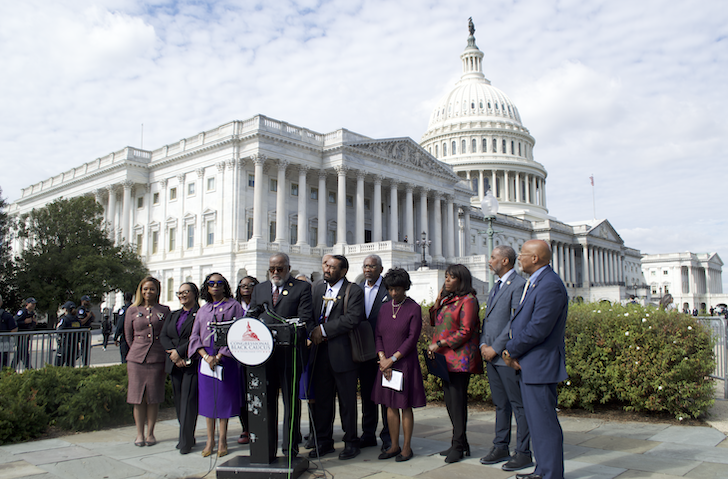 Democratic Rep. Terri Sewell speaks at a Congressional Black Caucus press conference on Wednesday, Oct. 15, 2025, following U.S. Supreme Court arguments in a case from Louisiana that could change the Voting Rights Act. (Photo by Ashley Murray/States Newsroom)