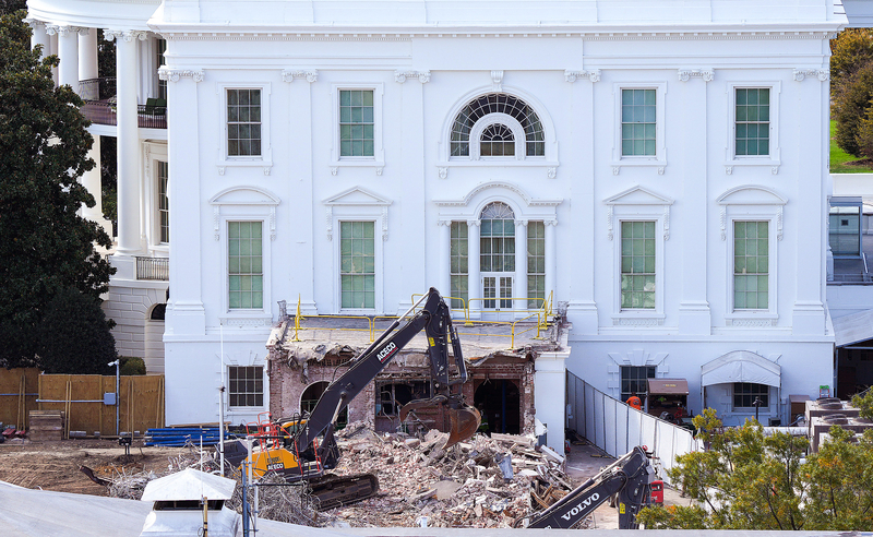 An excavator works to clear rubble Oct. 23, 2025 after the East Wing of the White House was demolished. The demolition is part of President Donald Trump's plan to build a ballroom on the eastern side of the White House. (Photo by Eric Lee/Getty Images)