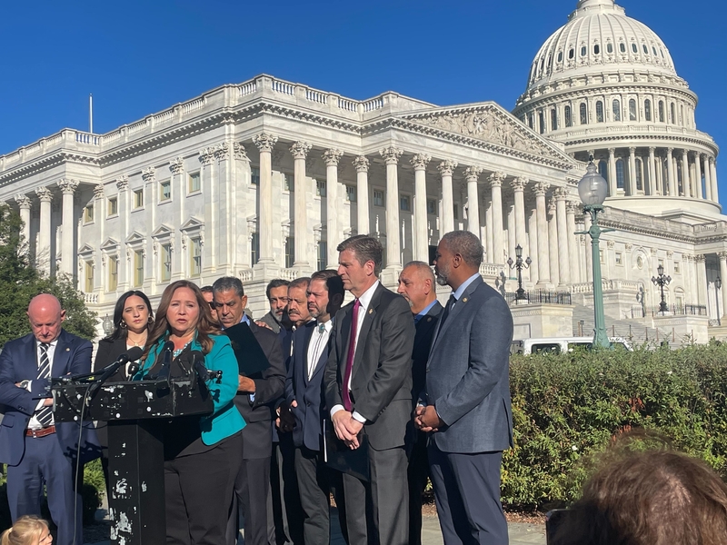 Rep.-elect Adelita Grijalva, D-Ariz., joined by Democrats and members of the Congressional Hispanic Caucus, outside the U.S. Capitol on Oct. 15, 2025. (Photo by Ariana Figueroa/States Newsroom)