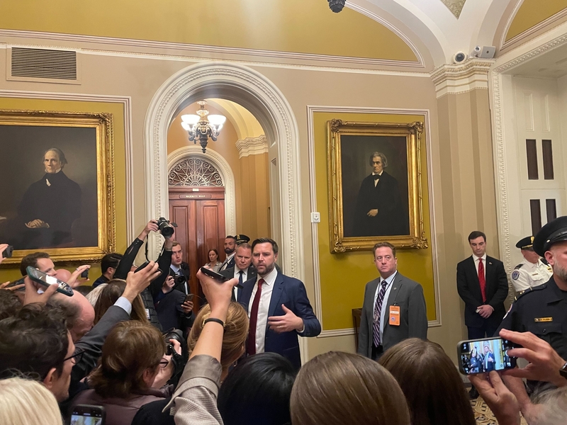 After attending a caucus lunch meeting with Senate Republicans, Vice President JD Vance briefly speaks with reporters on day 28 of the government shutdown, Oct. 28, 2025. (Photo by Ariana Figueroa/States Newsoom)