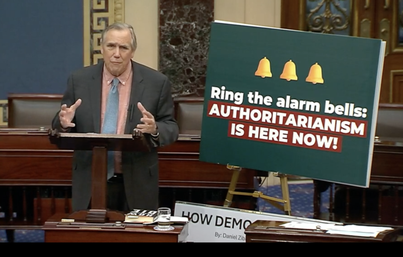 U.S. Sen. Jeff Merkley, an Oregon Democrat, speaks on the Senate floor on Wednesday, Oct. 22, 2025. Merkley began speaking Tuesday evening. (Screenshot via CSPAN)