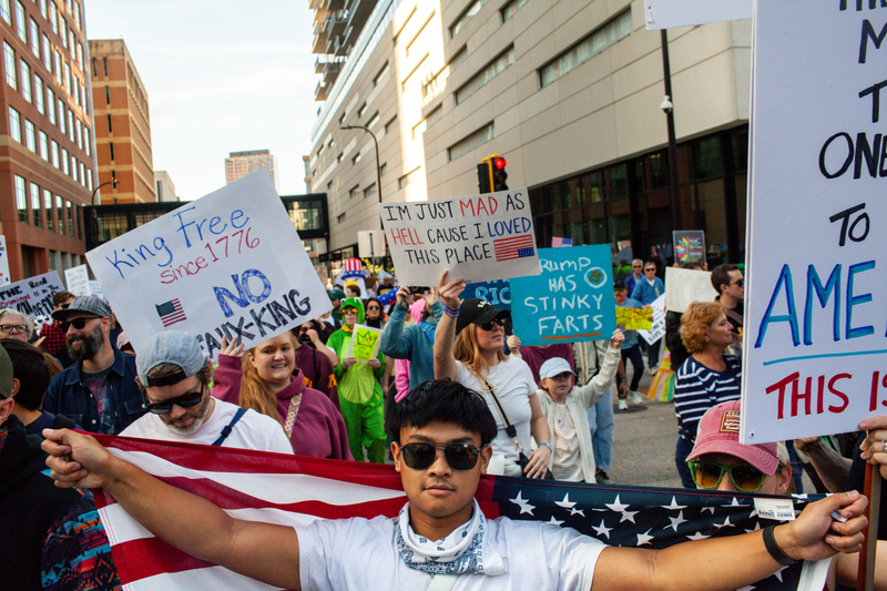 Thousands march through the streets of downtown Minneapolis, Minnesota during a No Kings rally on Saturday, Oct. 18, 2025. (Photo by Nicole Neri/Minnesota Reformer)