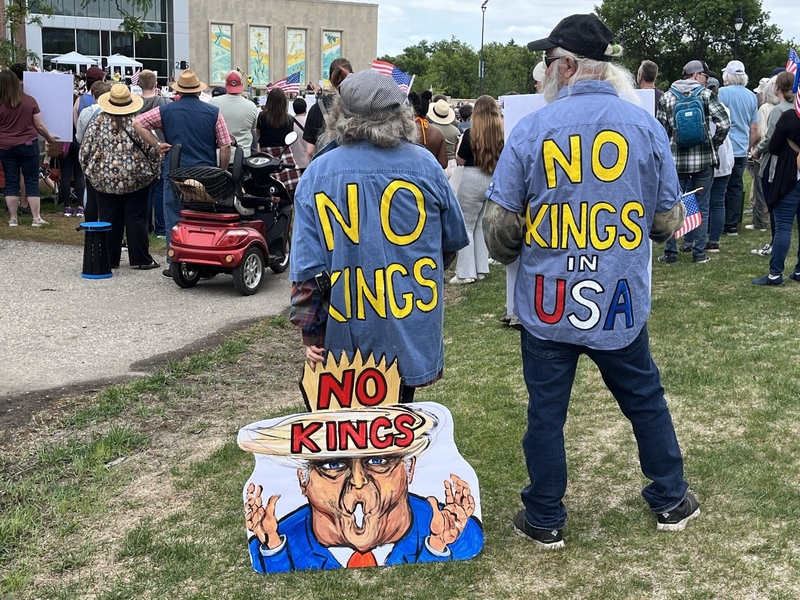 Participants joined the No Kings rally in Fargo, North Dakota, on June 14, 2025. (Photo by Erin Hemme Froslie/North Dakota Monitor)