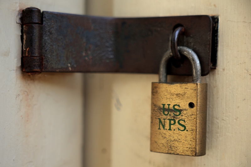 A U.S. National Park Service lock keeps John Brown's Fort shut and secured in the Harpers Ferry National Historical Park Lower Town on Oct. 2, 2025 in Harpers Ferry, West Virginia, during the government shutdown. (Photo by Chip Somodevilla/Getty Images)