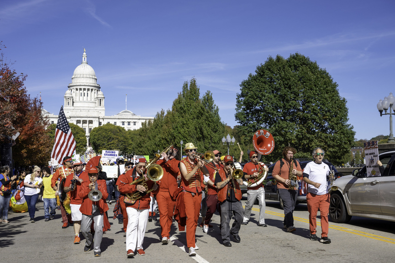 The No Kings march passes through the streets of Providence, Rhode Island on Saturday, Oct. 18, 2025. (Photo by David Hansen/Rhode Island Current)