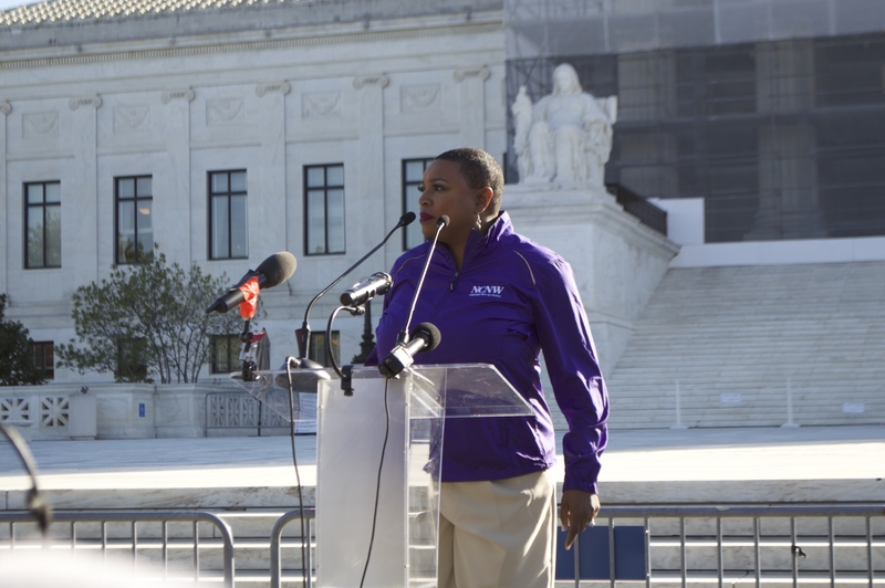 Rev. Shavon Arline-Bradley, president and CEO of the National Council of Negro Women, spoke to hundreds of rallygoers outside the U.S. Supreme Court on Wednesday, Oct. 15, 2025, as the justices heard arguments in Louisiana v. Callais, a case that could fundamentally change the Voting Rights Act. (Photo by Ashley Murray/States Newsroom)