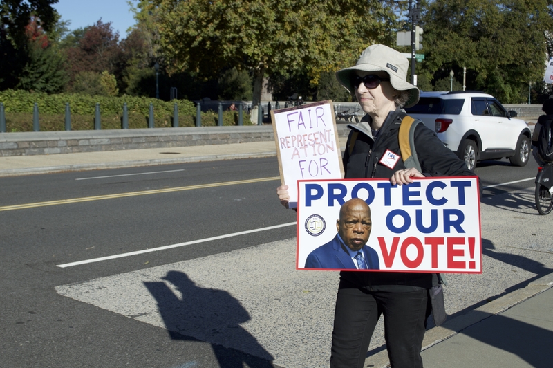 Jan Kleinman, 65, of Baltimore, Maryland, demonstrated with the League of Women Voters outside the U.S. Supreme Court on Wednesday, Oct. 15, 2025, as the justices heard a case that threatens a key provision of the Voting Rights Act. (Photo by Ashley Murray/States Newsroom)