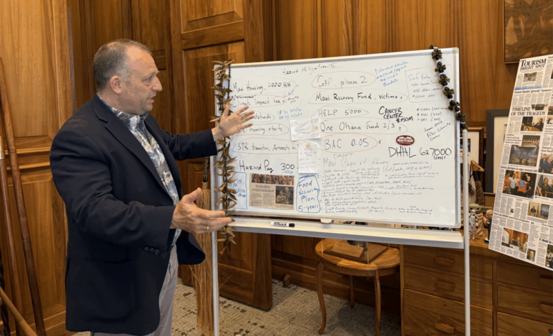 Standing before his signature whiteboard during an expansive interview, Gov. Josh Green highlighted numerous statistics on his trademark whiteboard. “If you wanted to know how much real estate in my brain this takes up,” he said, “it’s like half of it still at all times.” (Stewart Yerton/Civil Beat/2025)