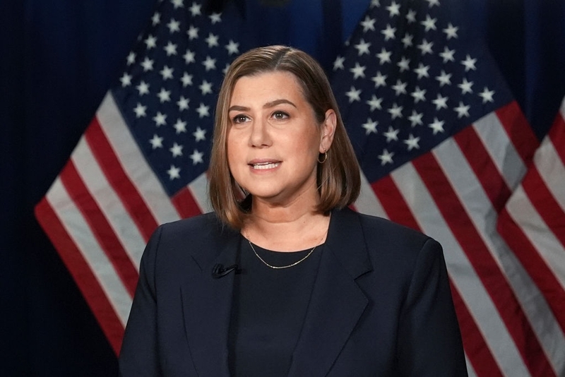 Sen. Elissa Slotkin, D-Mich., rehearses the Democratic response to President Donald Trump’s address to a joint session of Congress on March 4, 2025 in Wyandotte, Michigan. (Photo by Paul Sancya – Pool/Getty Images)
