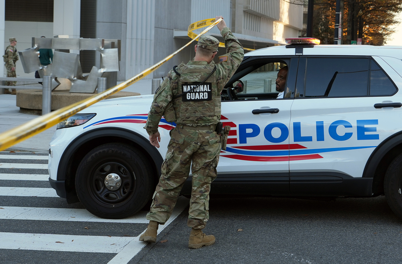 Members of law enforcement and National Guard soldiers respond to a shooting near the White House on November 26, 2025 in Washington, DC. According to reports, two members of the West Virginia National Guard were shot and a suspect is being detained at a local hospital. (Photo by Andrew Leyden/Getty Images)