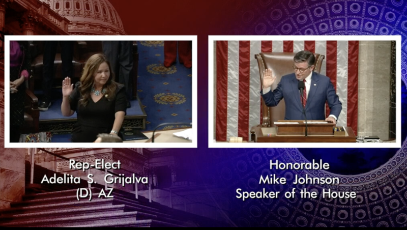 U.S. Rep. Adelita Grijalva, D-Ariz., was sworn in to office on Nov. 12, 2025, by House Speaker Mike Johnson, R-La. (Screenshot courtesy of C-SPAN)